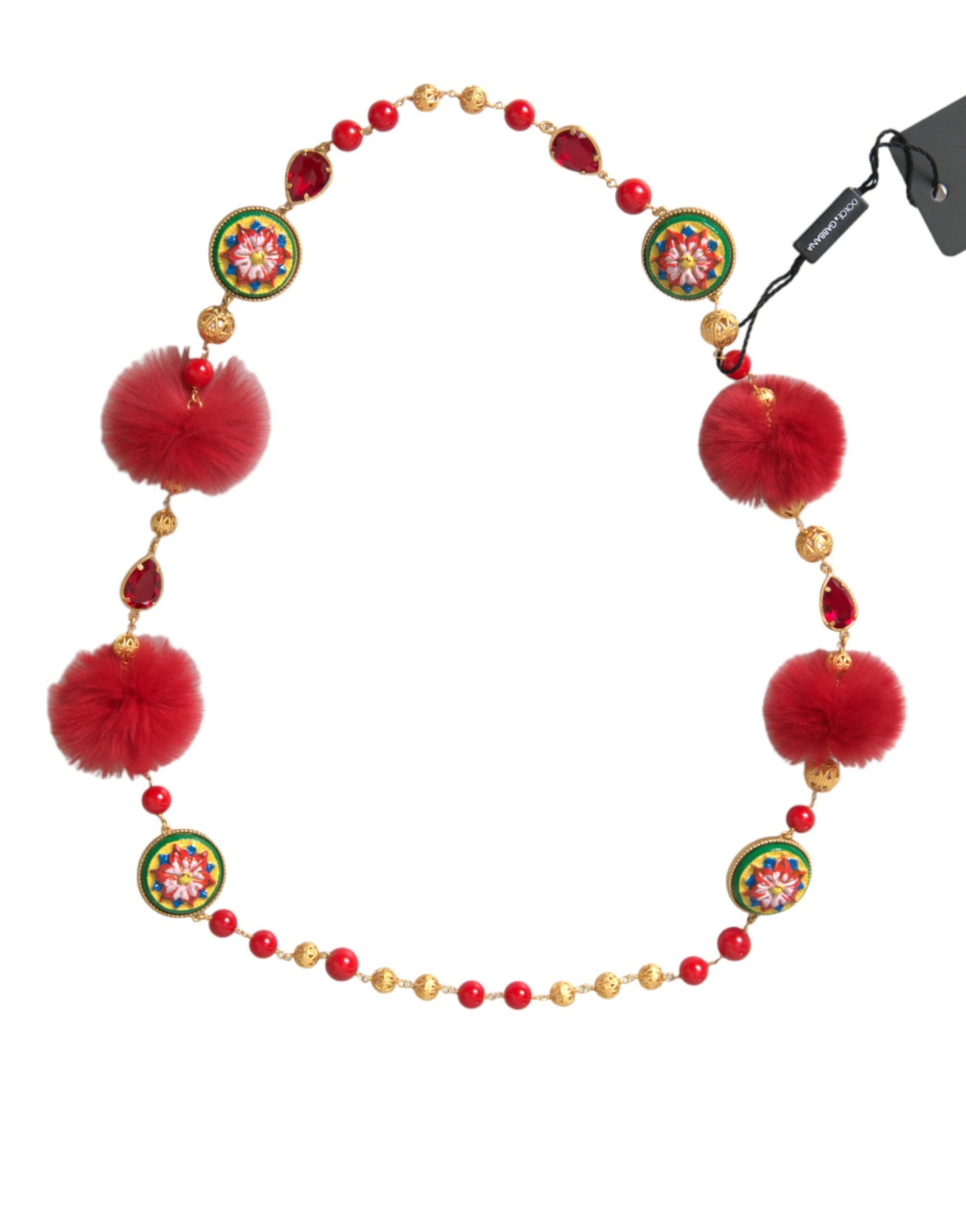 Carretto-Kette aus goldenem Messing mit rotem Pelz und Kristallen