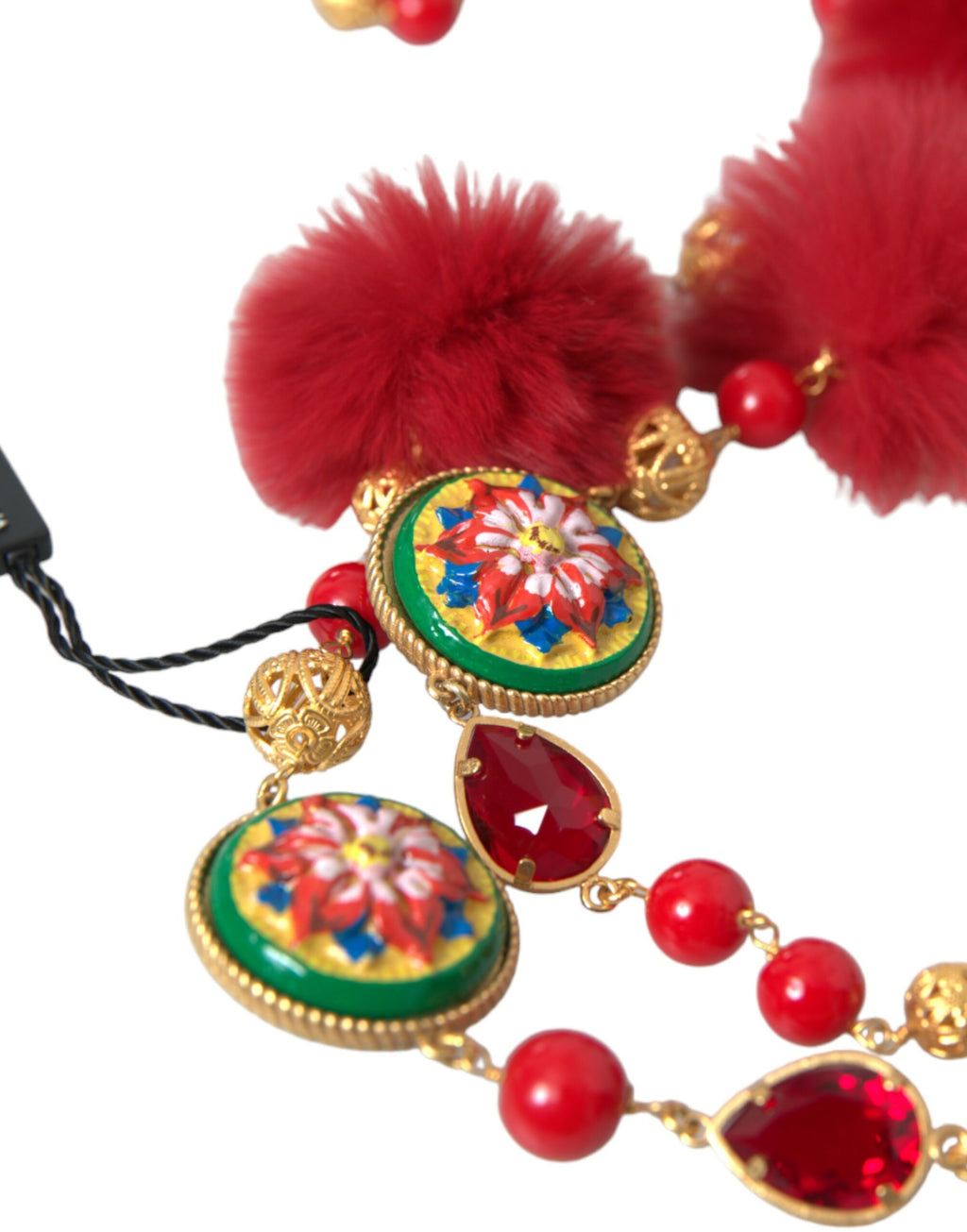 Carretto-Kette aus goldenem Messing mit rotem Pelz und Kristallen