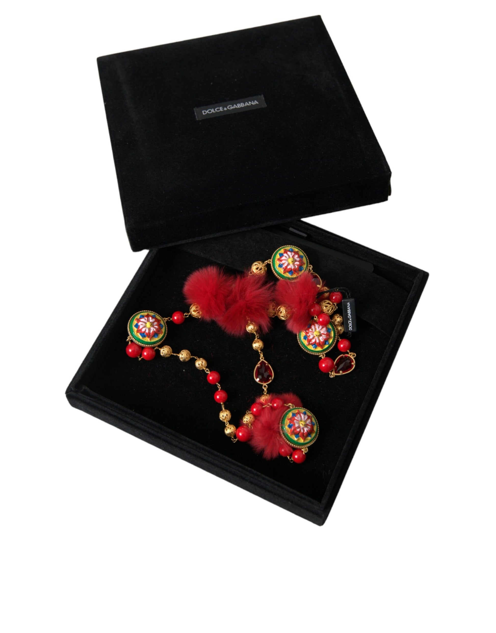 Carretto-Kette aus goldenem Messing mit rotem Pelz und Kristallen