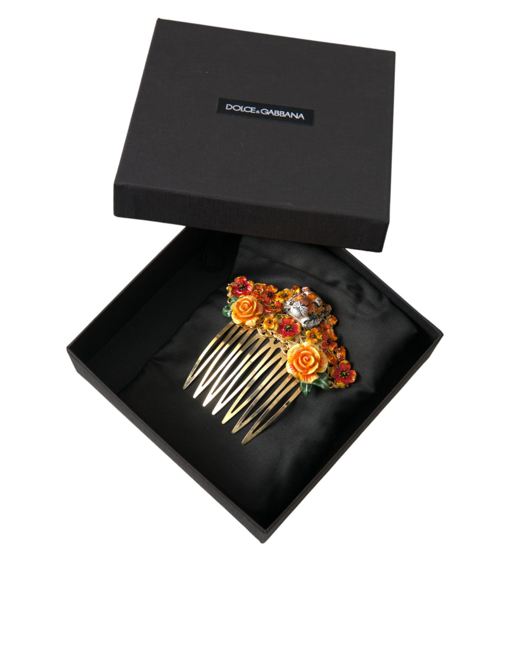 Haarkamm mit Leopardenmuster und Kristallen in Goldmessing