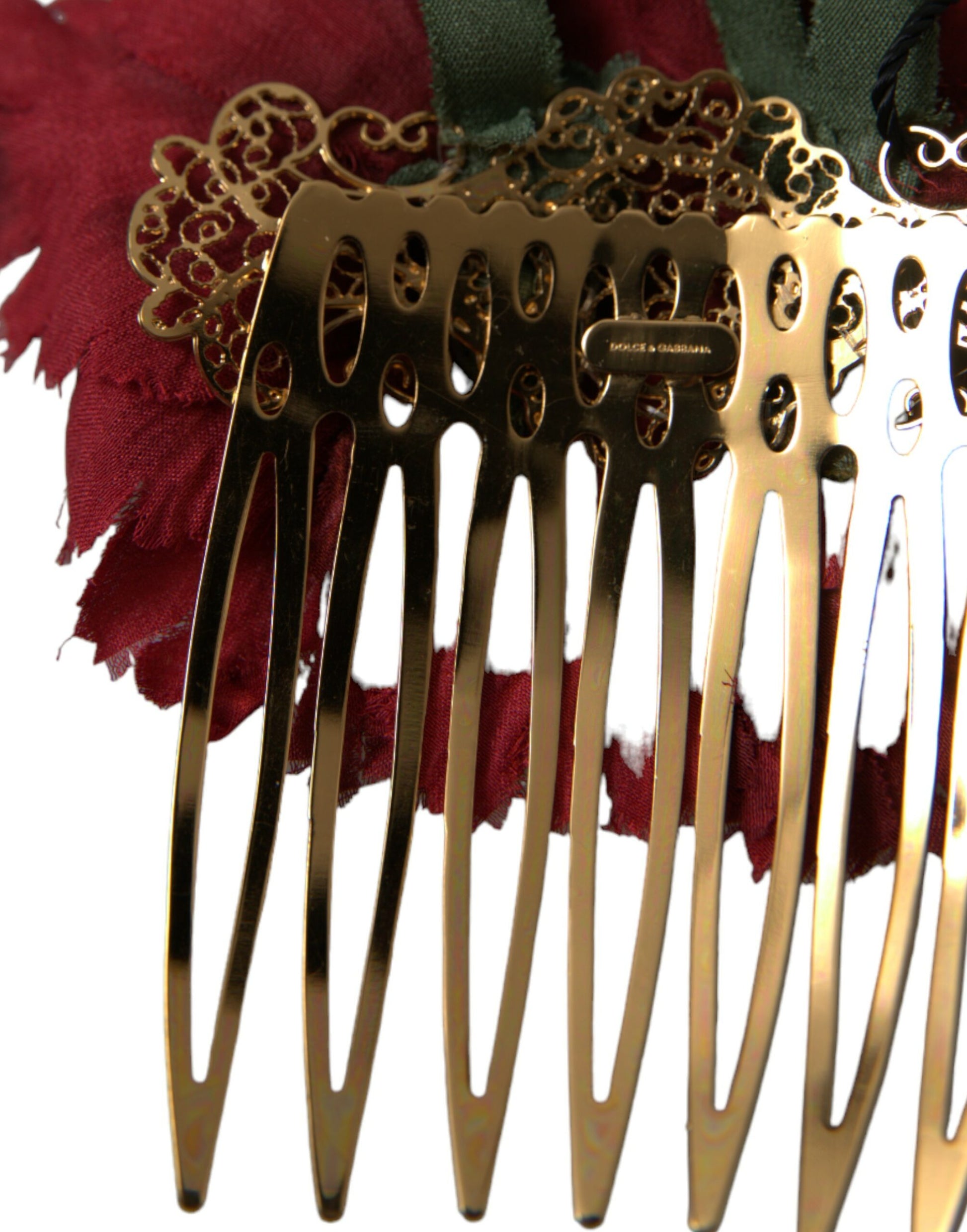 Roter Seiden-Haarkamm mit Blumenmuster und Goldmessing für Damen