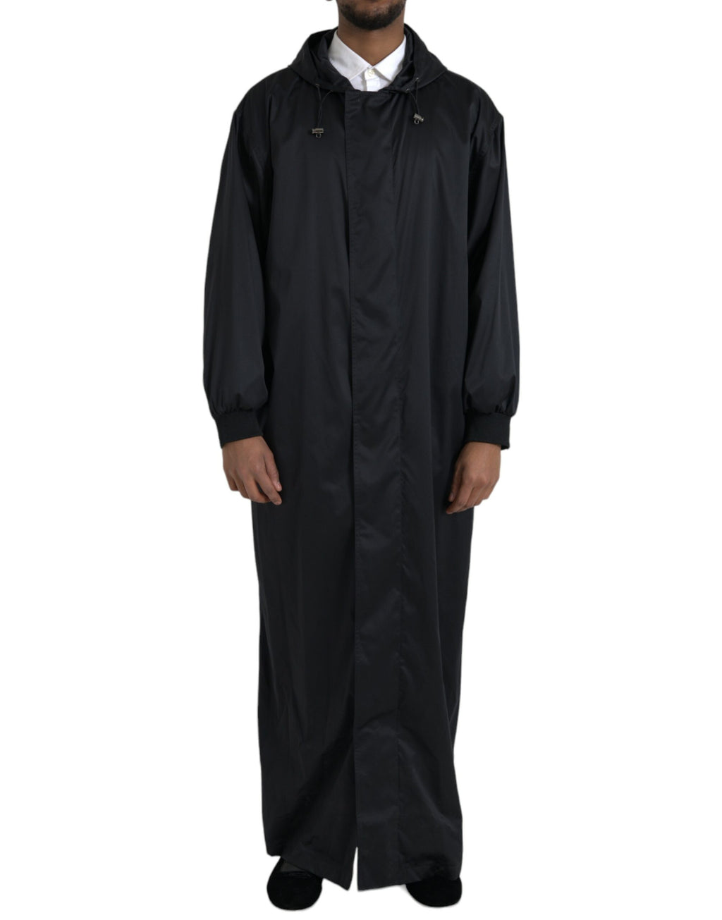Schwarze lange Windjacke aus Polyester mit Kapuze
