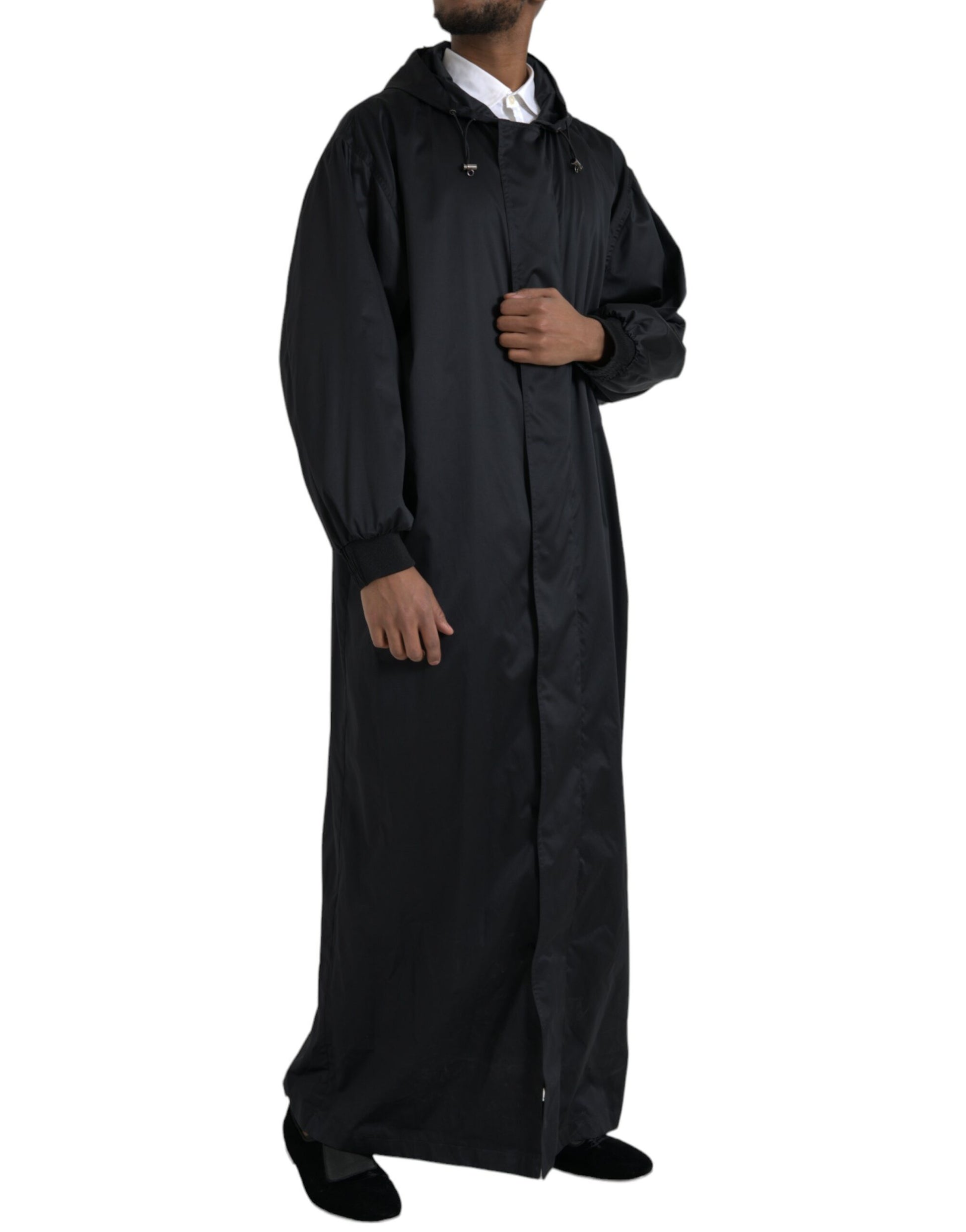 Schwarze lange Windjacke aus Polyester mit Kapuze