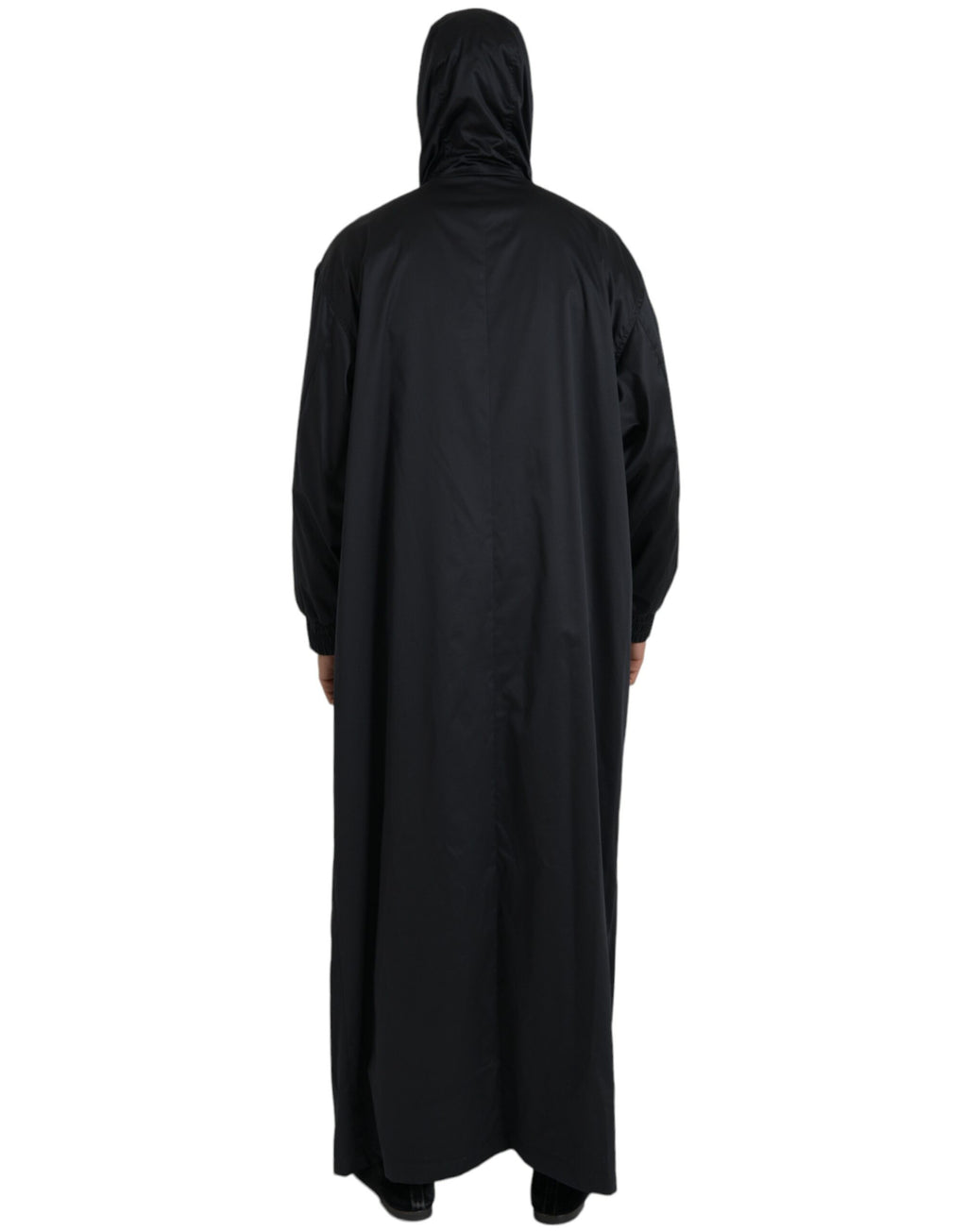 Schwarze lange Windjacke aus Polyester mit Kapuze