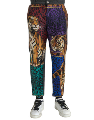 Mehrfarbige, lockere, schmal zulaufende Baumwollhose mit Tiger- und Leopardenmuster