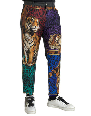 Mehrfarbige, lockere, schmal zulaufende Baumwollhose mit Tiger- und Leopardenmuster