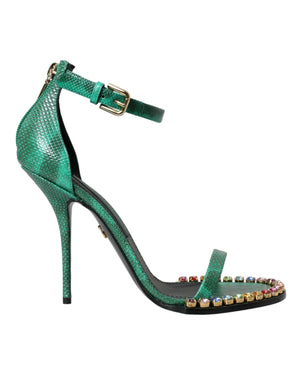 Grüne Sandalen aus exotischem Leder mit Kristallen