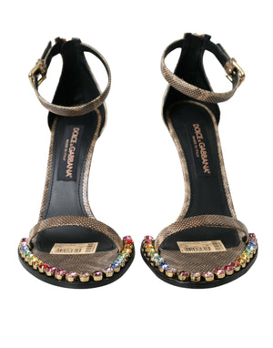 Braune Sandalen aus exotischem Leder mit Kristallen