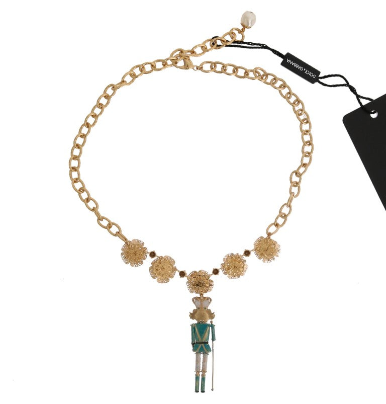 Goldfarbene, handbemalte Halskette mit Kristallblumenmuster aus Messing