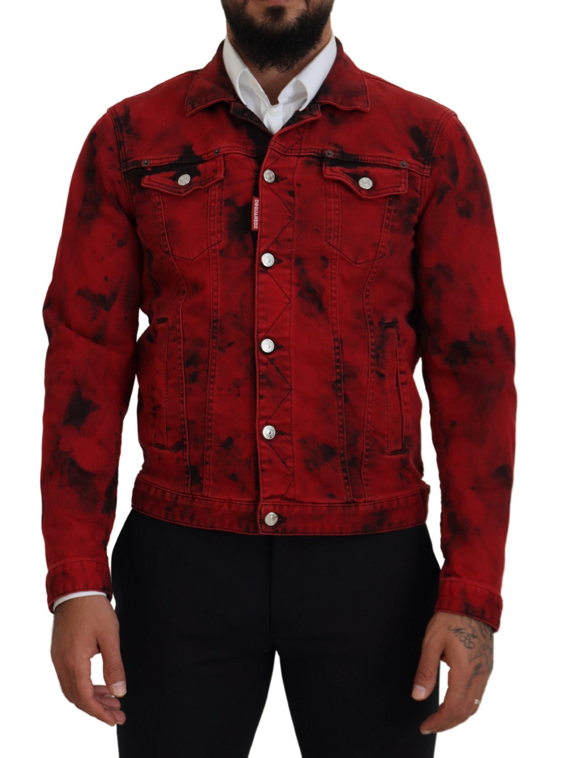 Rot-schwarze Herren-Jeansjacke mit Batik-Kragen