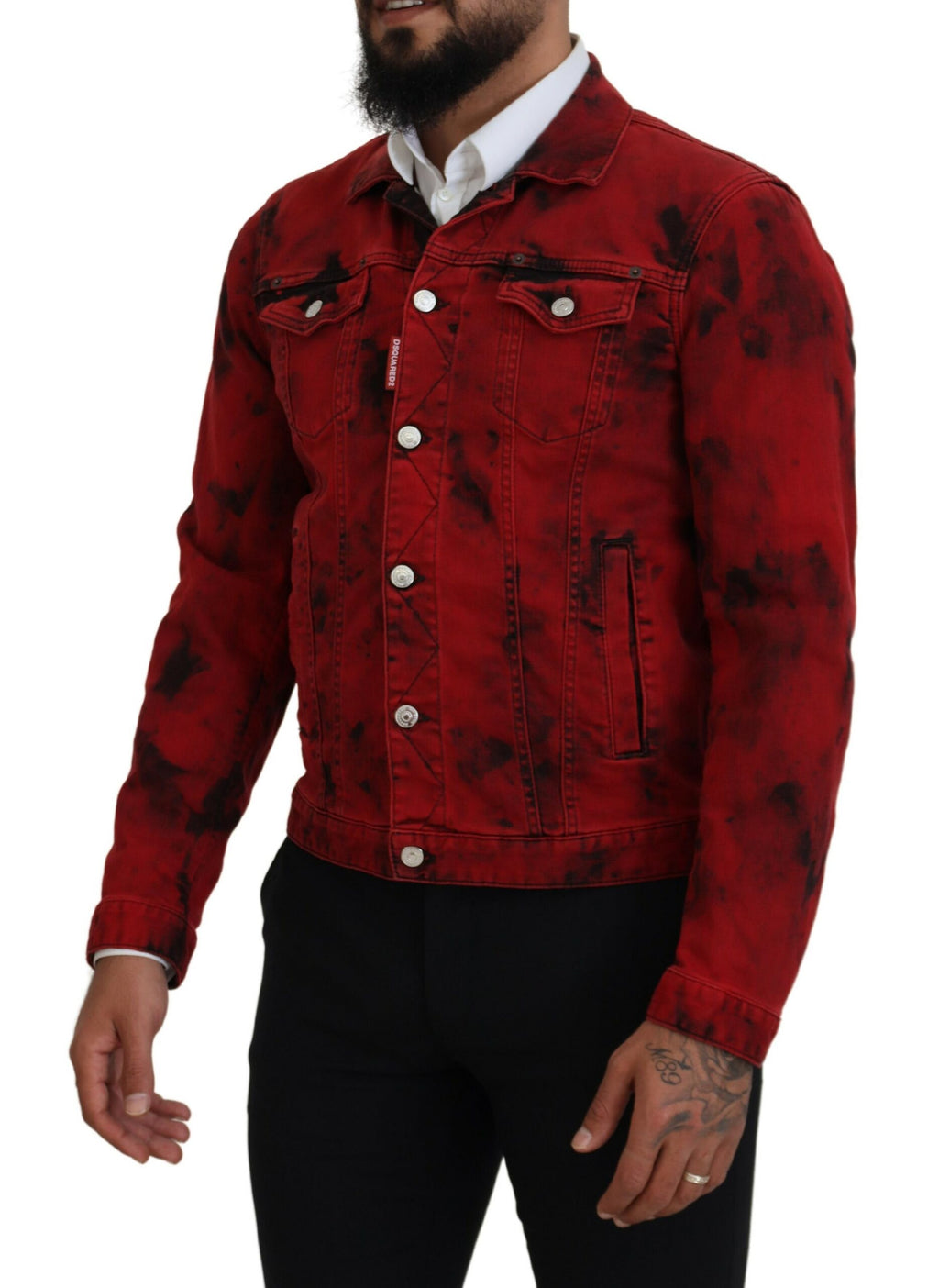 Rot-schwarze Herren-Jeansjacke mit Batik-Kragen