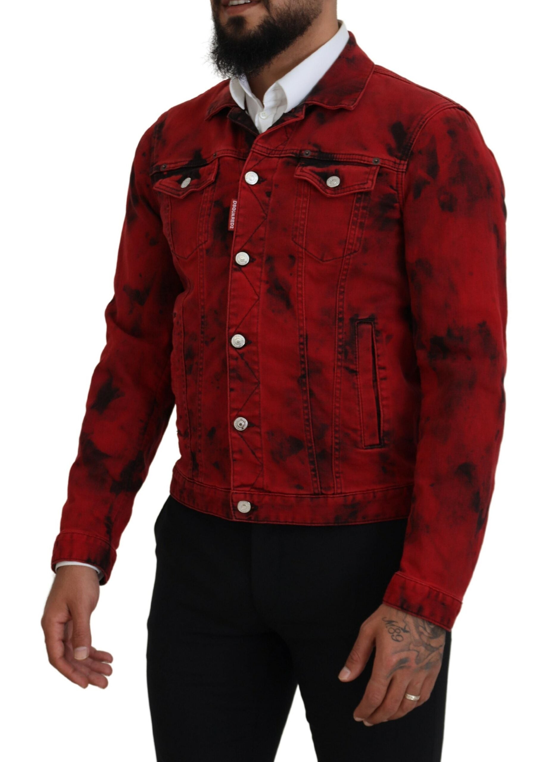 Rot-schwarze Herren-Jeansjacke mit Batik-Kragen