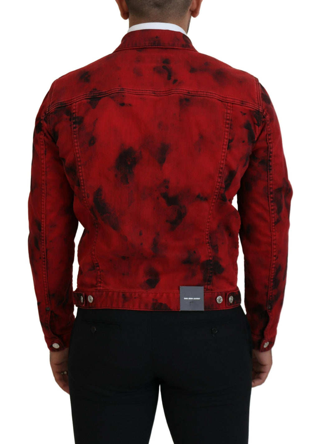 Rot-schwarze Herren-Jeansjacke mit Batik-Kragen