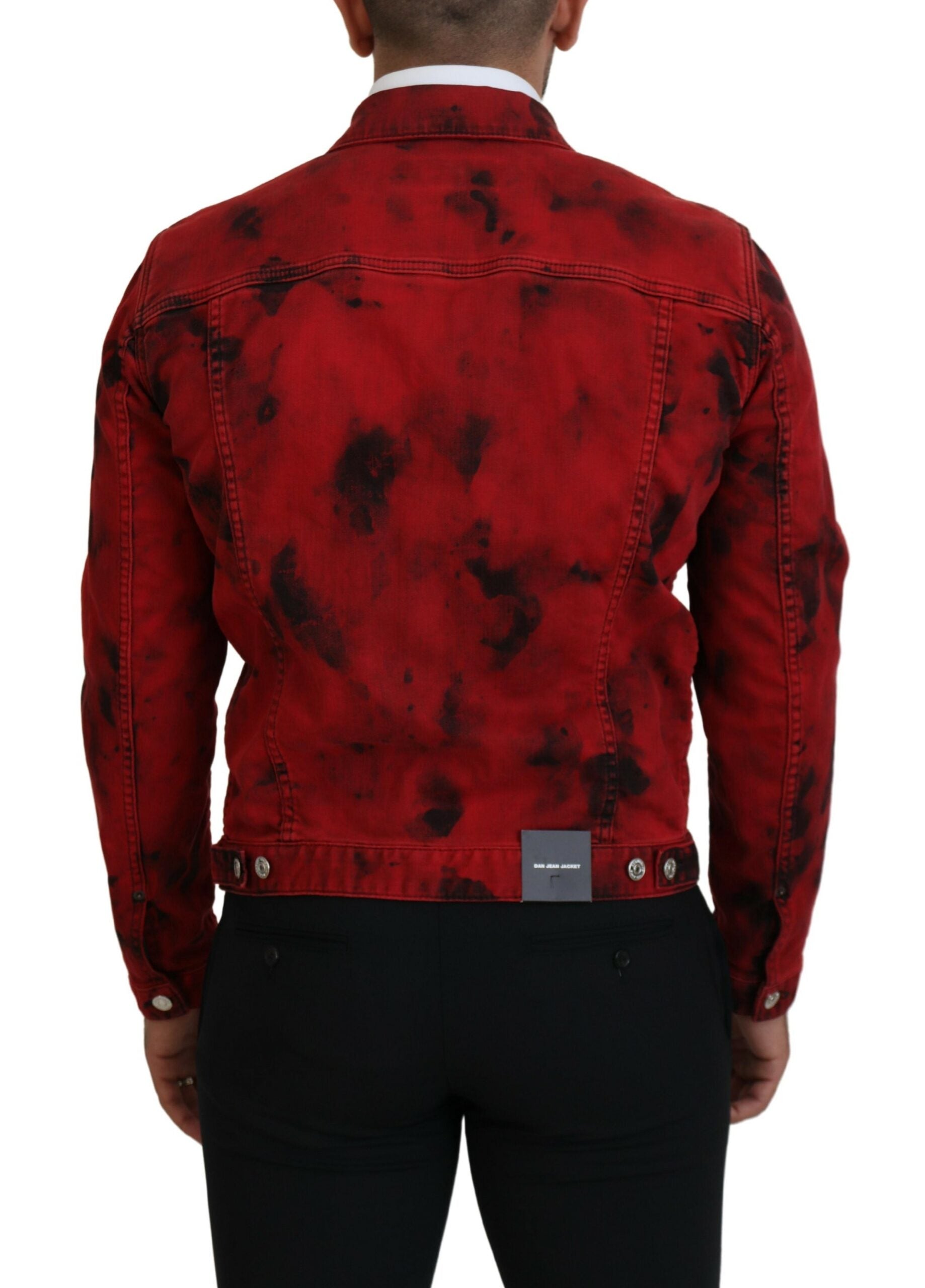 Rot-schwarze Herren-Jeansjacke mit Batik-Kragen