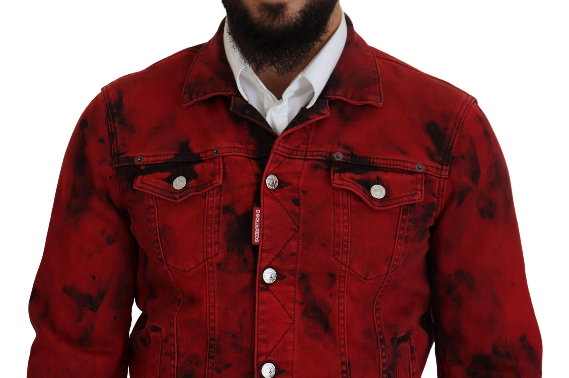 Rot-schwarze Herren-Jeansjacke mit Batik-Kragen
