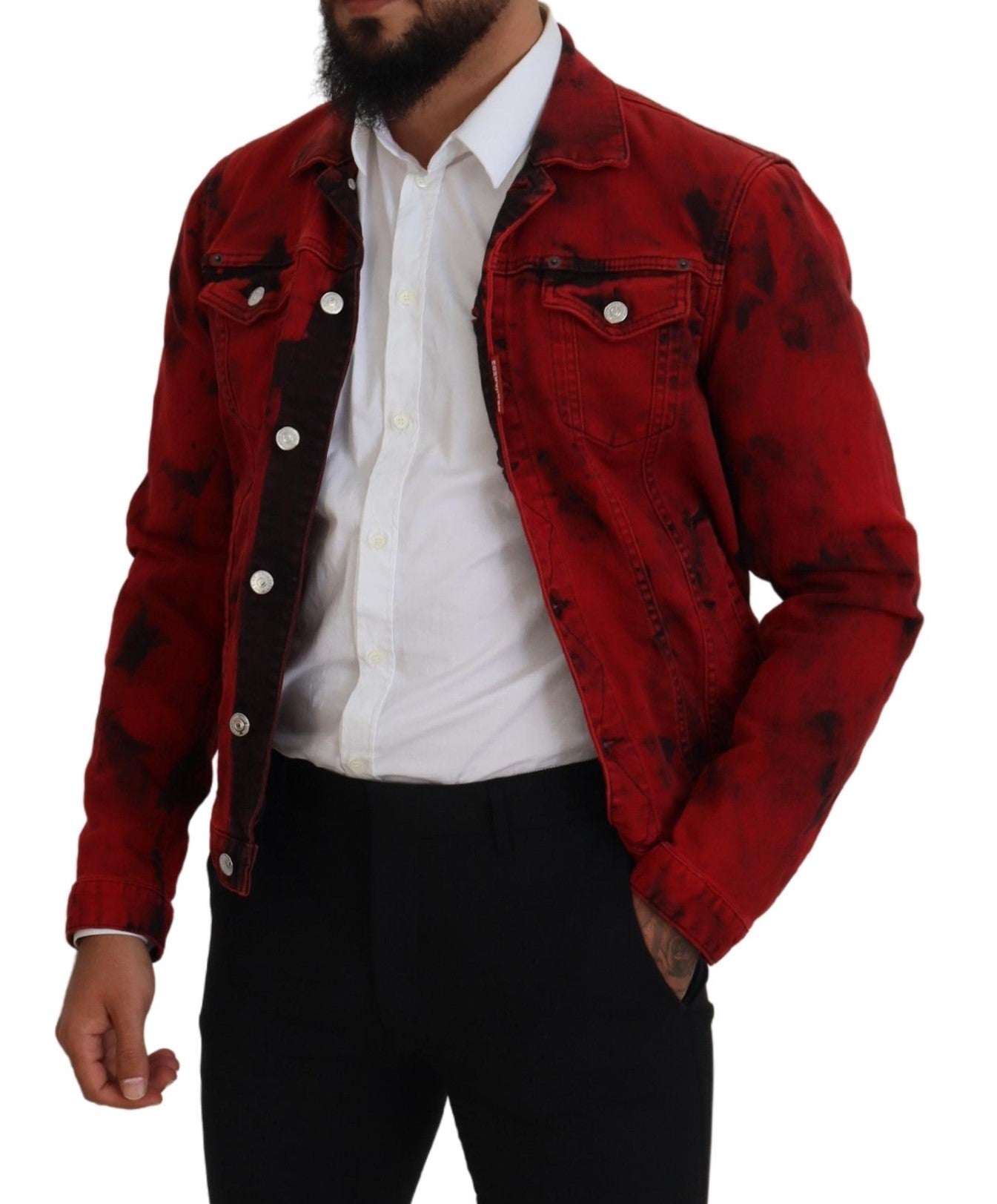 Rot-schwarze Herren-Jeansjacke mit Batik-Kragen