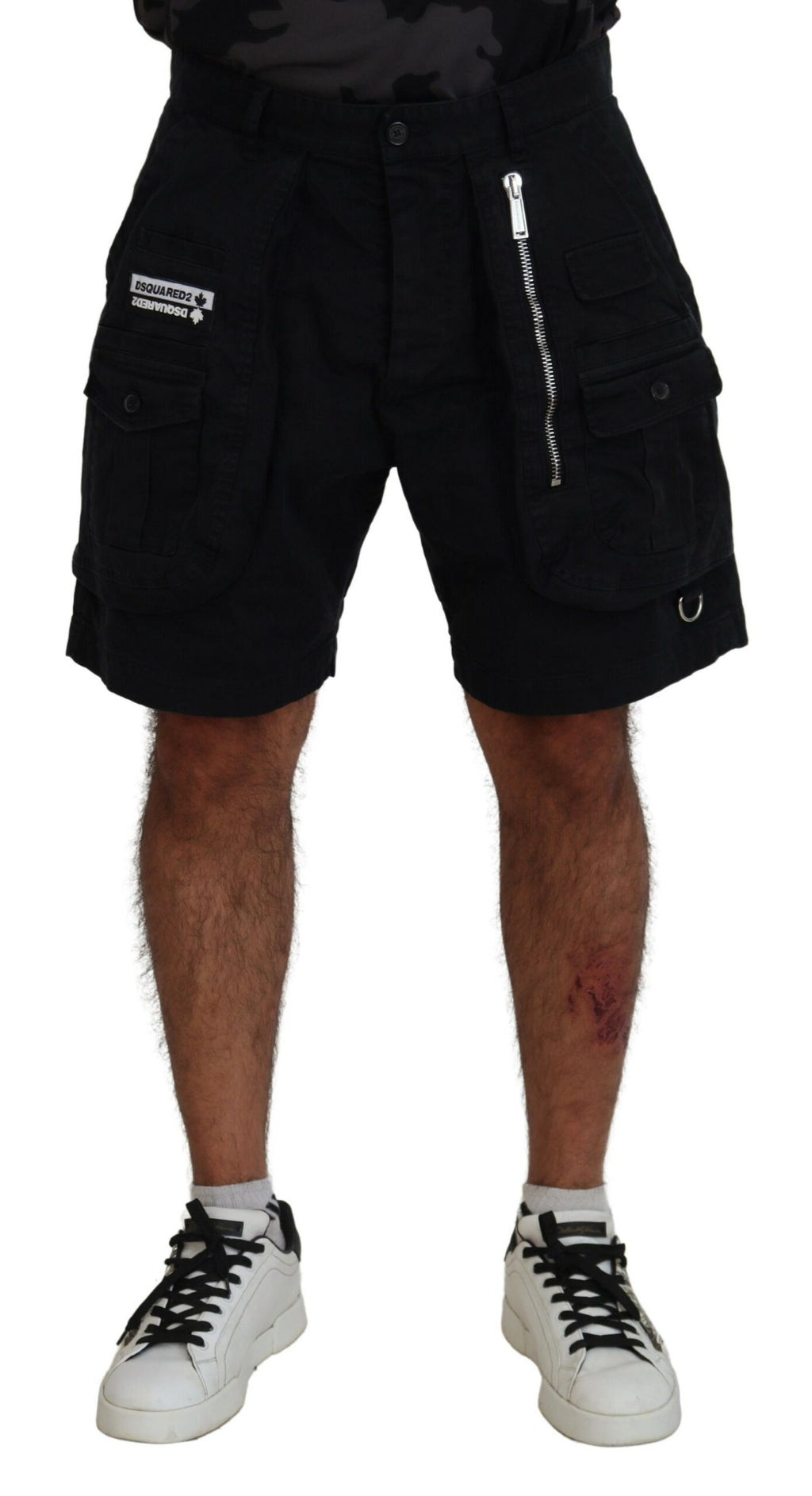 Schwarze Cargo-Boxershorts aus Baumwolle über dem Knie