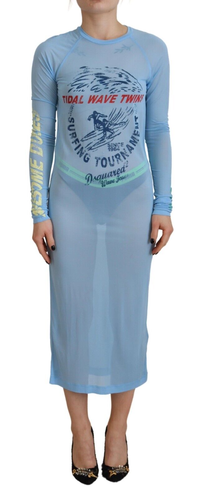 Blaues, bedrucktes Viskose-Überwurfkleid mit langen Ärmeln
