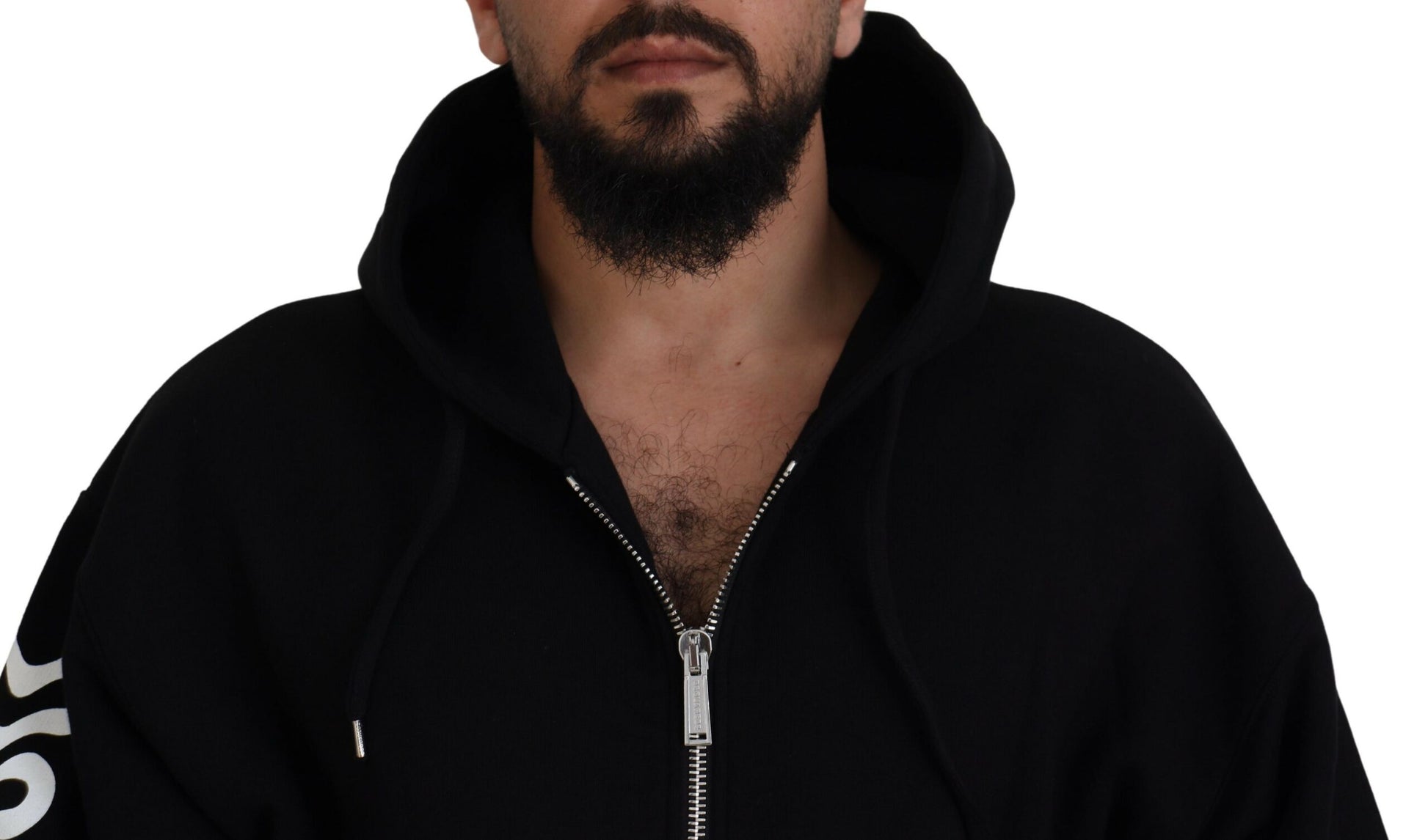 Schwarzer Kapuzenpullover mit durchgehendem Reißverschluss und bedruckten Ärmeln