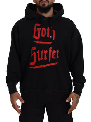Schwarzer Baumwollpullover mit Kapuze und Aufdruck für Herren