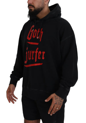 Schwarzer Baumwollpullover mit Kapuze und Aufdruck für Herren