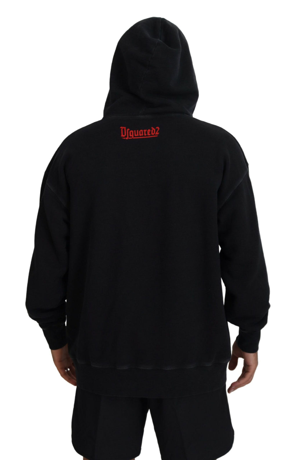 Schwarzer Baumwollpullover mit Kapuze und Aufdruck für Herren