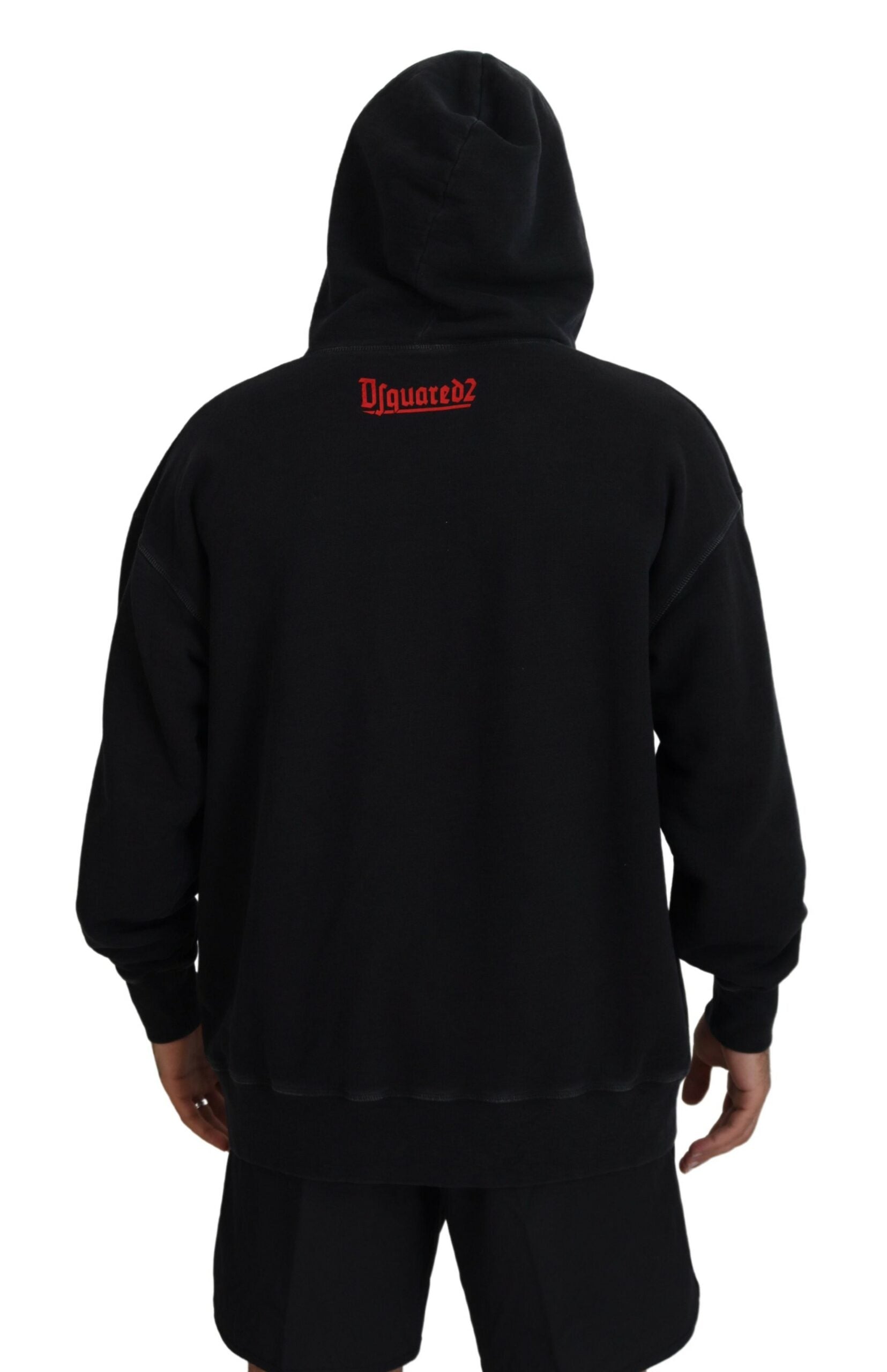 Schwarzer Baumwollpullover mit Kapuze und Aufdruck für Herren