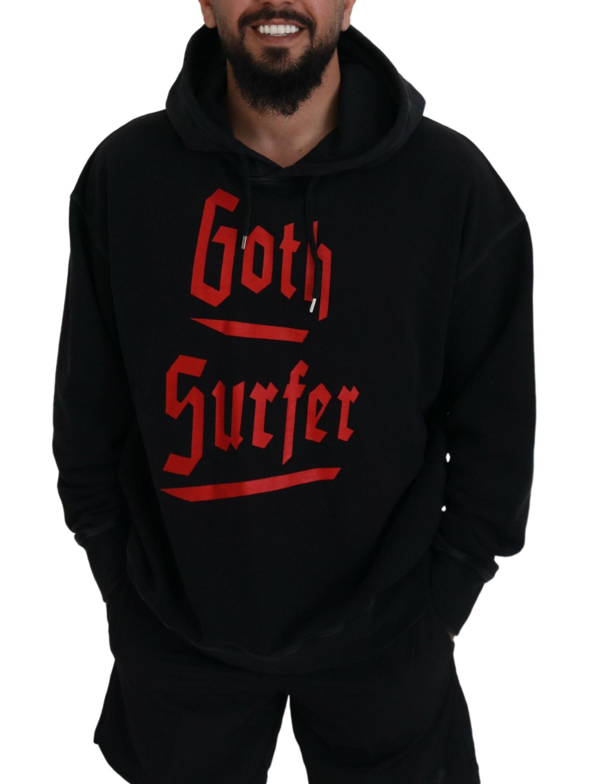 Schwarzer Baumwollpullover mit Kapuze und Aufdruck für Herren