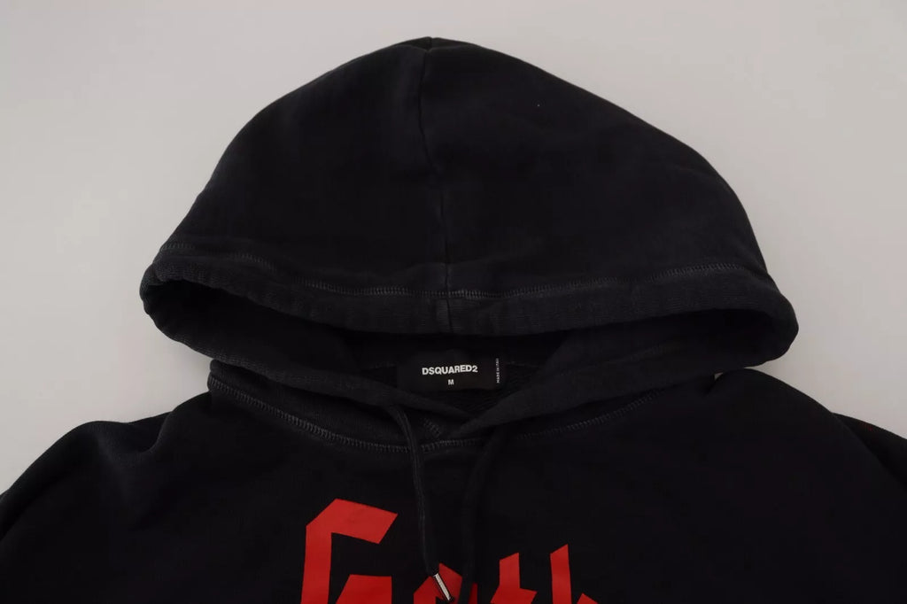 Schwarzer Baumwollpullover mit Kapuze und Aufdruck für Herren
