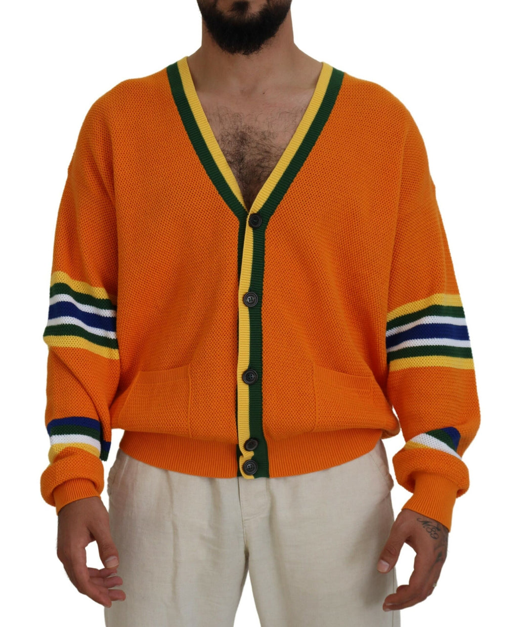 Orangefarbener Herren-Cardigan aus Baumwolle mit langen Ärmeln