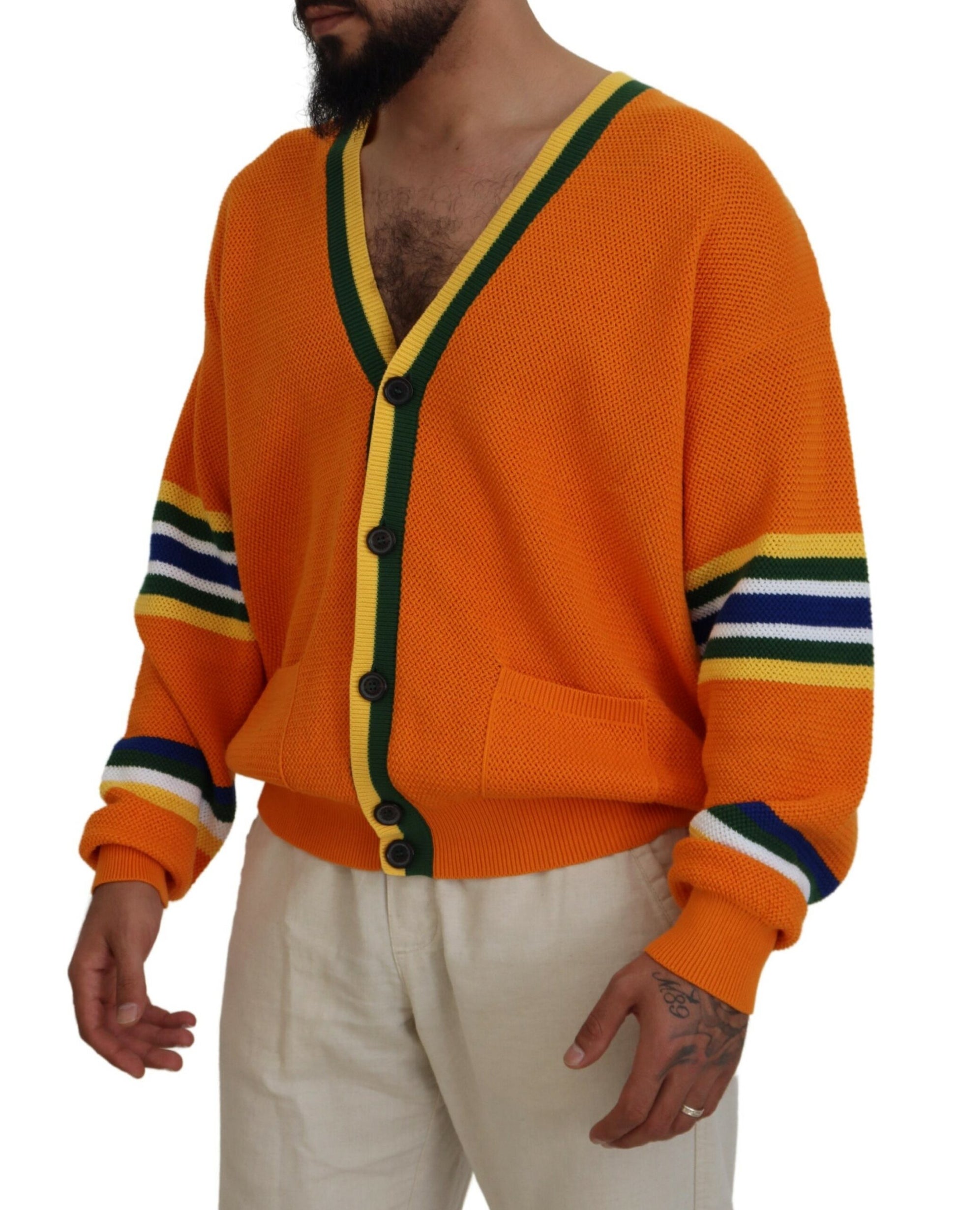 Orangefarbener Herren-Cardigan aus Baumwolle mit langen Ärmeln