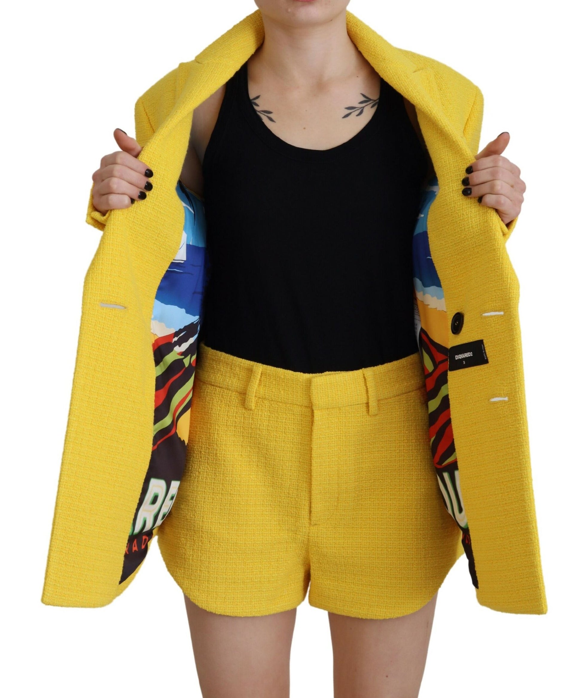 Gelbes Peak Zweireihiges Anzug-Blazer-Short-Set