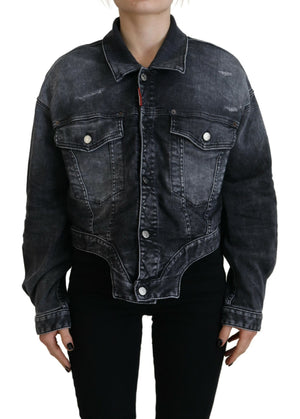 Graue, kurze Jeansjacke aus gewaschener Baumwolle