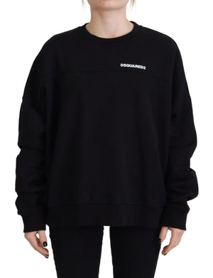 Schwarzer bedruckter Damen-Langarmpullover aus Baumwolle
