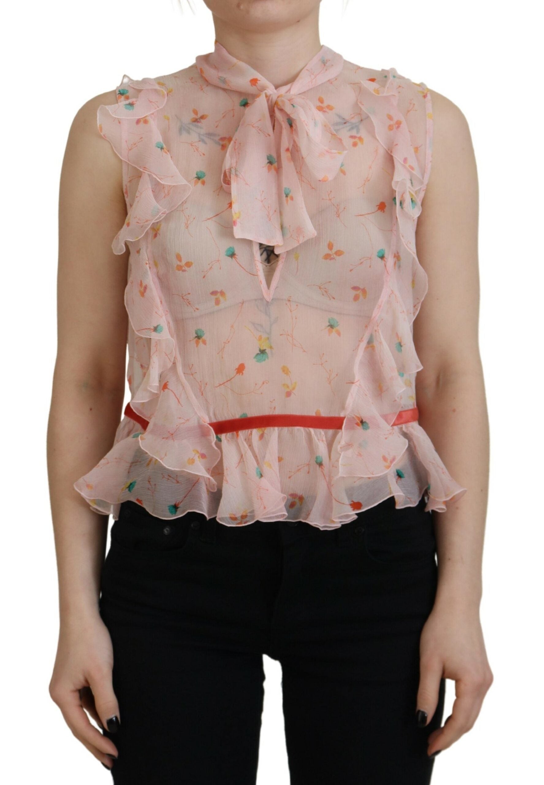 Ärmelloses Seidentop mit Ascot-Kragen und Blumenmuster in Rosa
