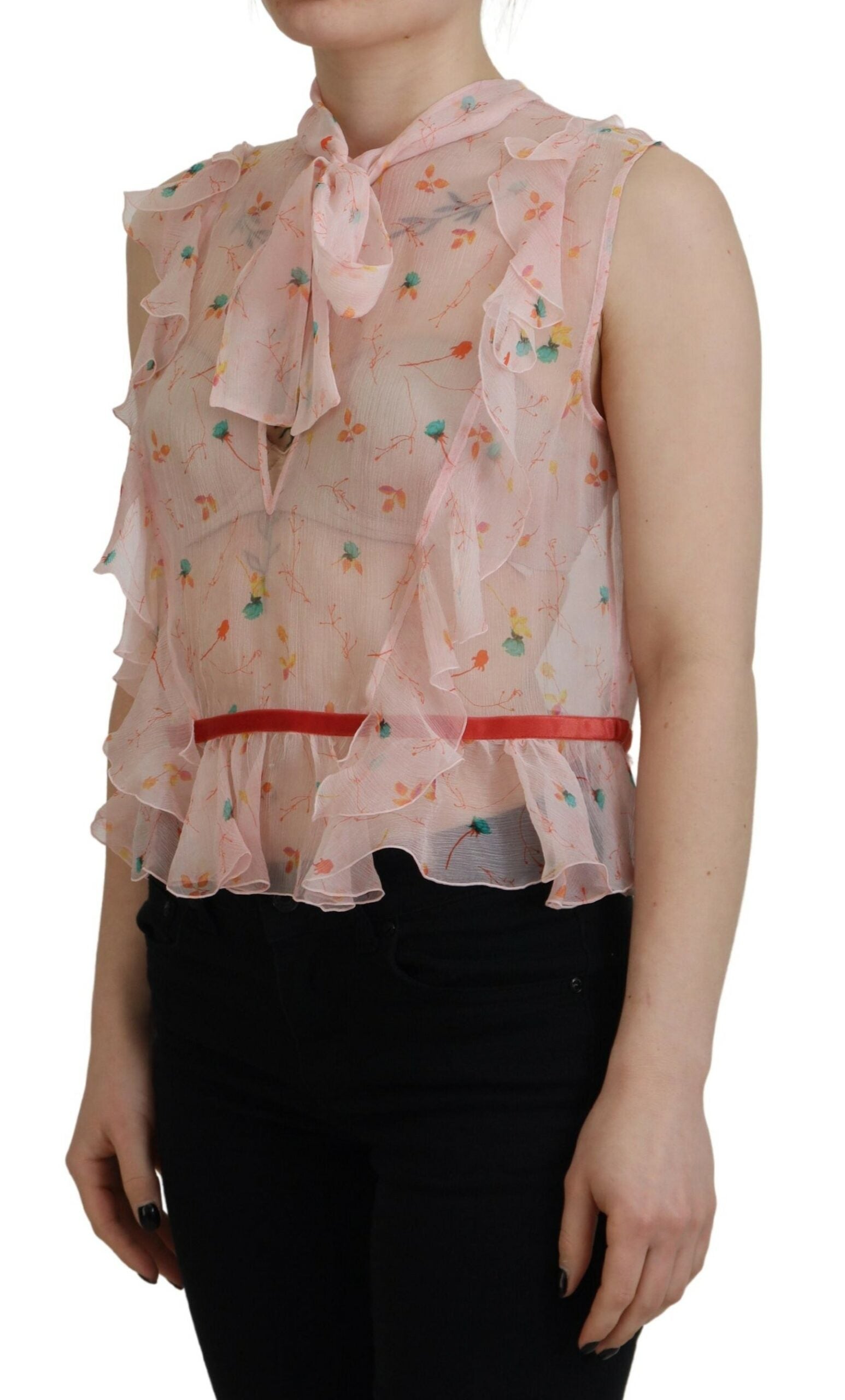 Ärmelloses Seidentop mit Ascot-Kragen und Blumenmuster in Rosa