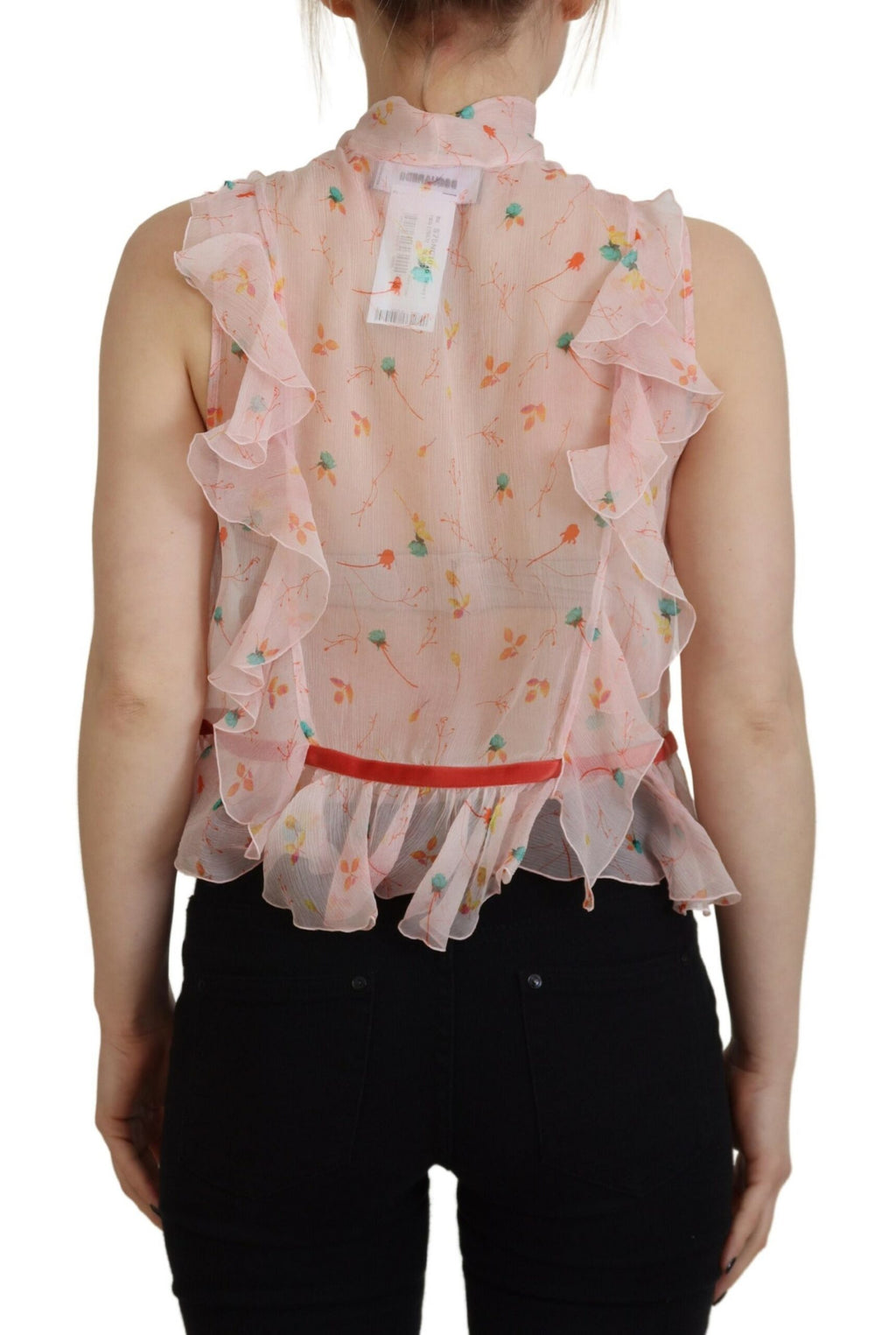Ärmelloses Seidentop mit Ascot-Kragen und Blumenmuster in Rosa