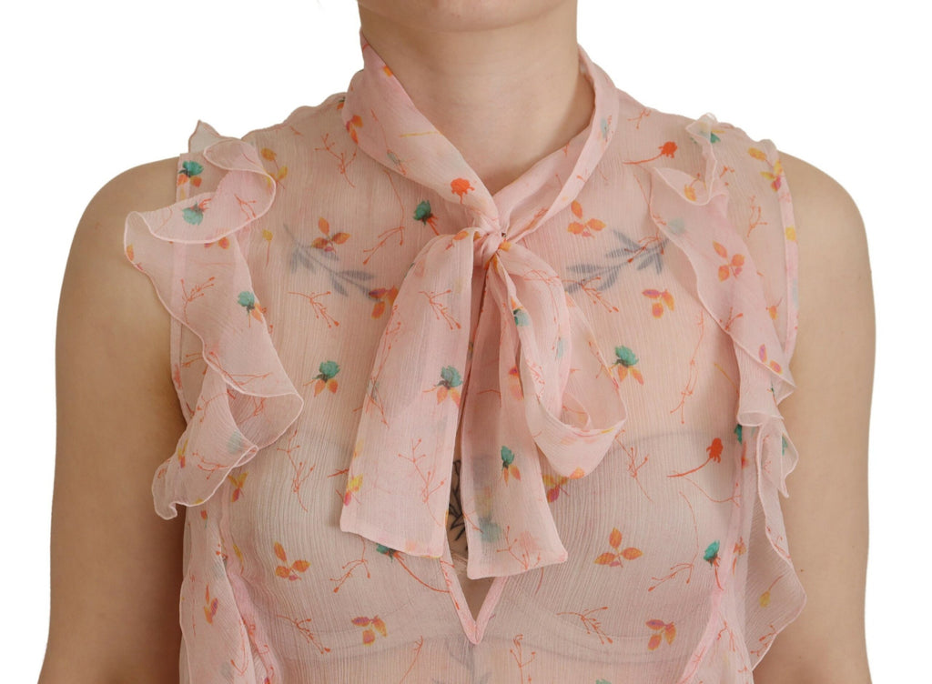 Ärmelloses Seidentop mit Ascot-Kragen und Blumenmuster in Rosa