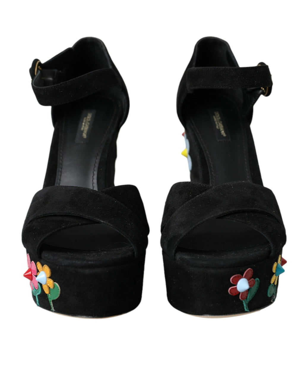 Schwarze Sandalen mit Blumenmuster und Knöchelriemen