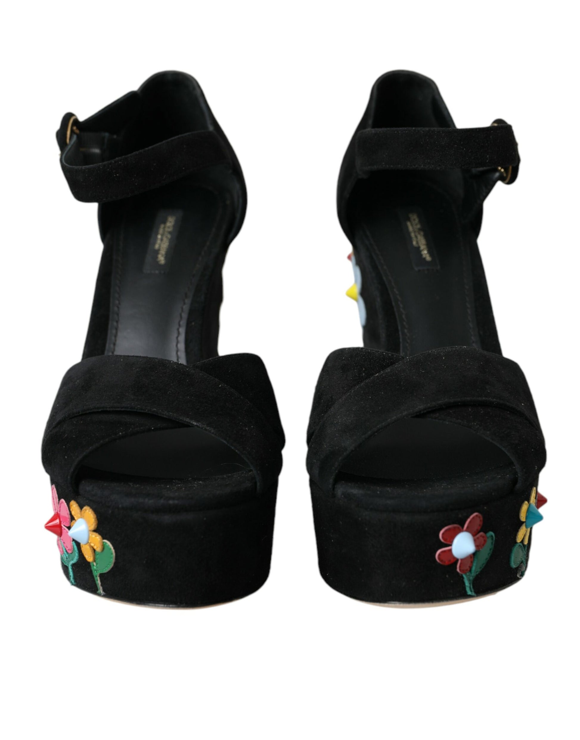 Schwarze Sandalen mit Blumenmuster und Knöchelriemen