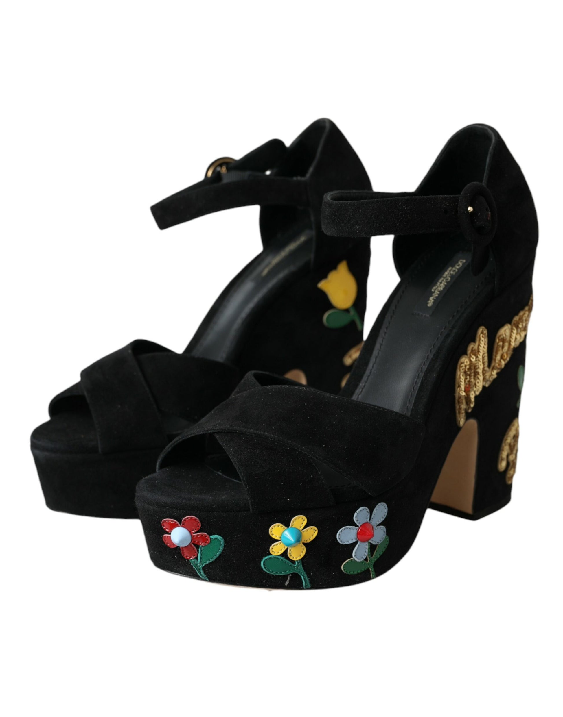 Schwarze Sandalen mit Blumenmuster und Knöchelriemen