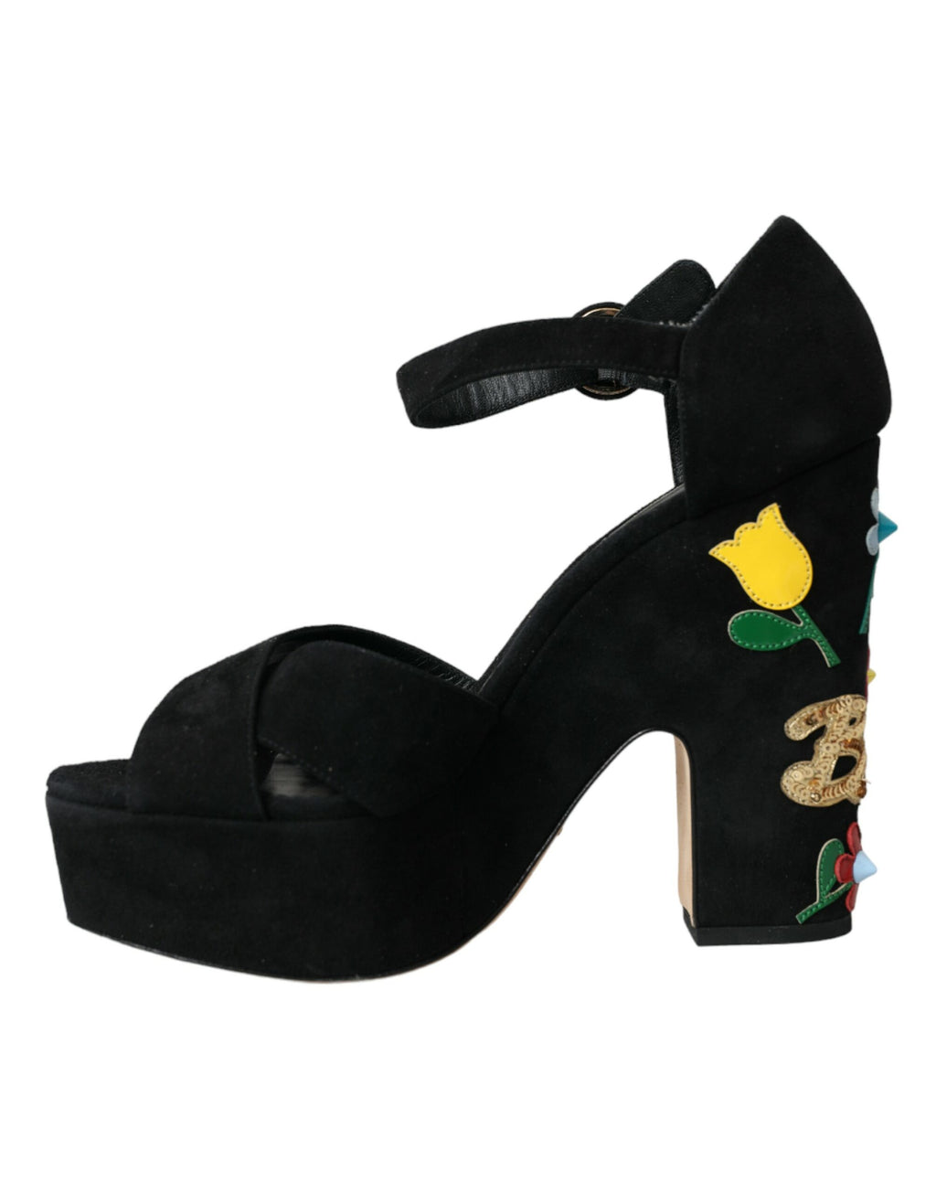 Schwarze Sandalen mit Blumenmuster und Knöchelriemen