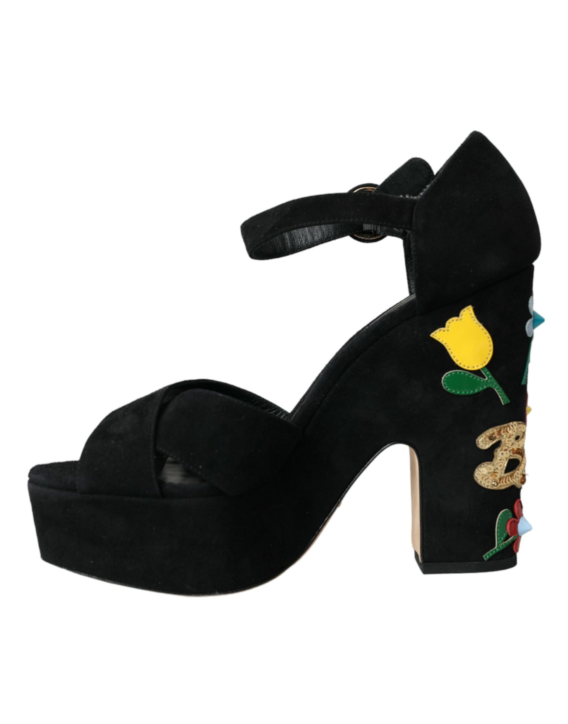 Schwarze Sandalen mit Blumenmuster und Knöchelriemen