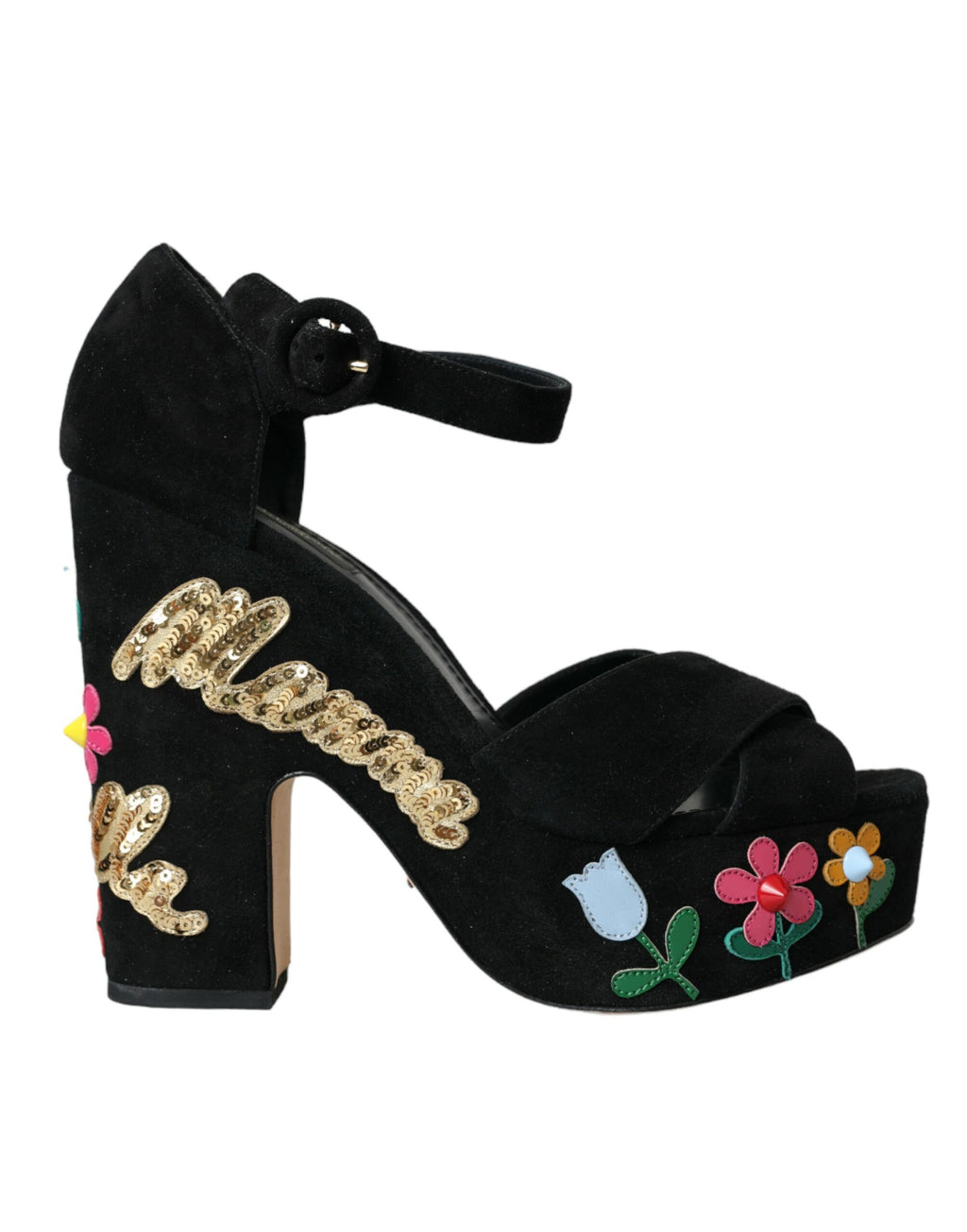 Schwarze Sandalen mit Blumenmuster und Knöchelriemen