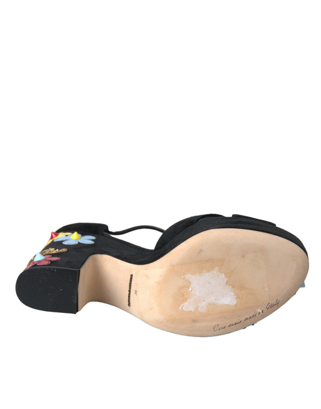 Schwarze Sandalen mit Blumenmuster und Knöchelriemen