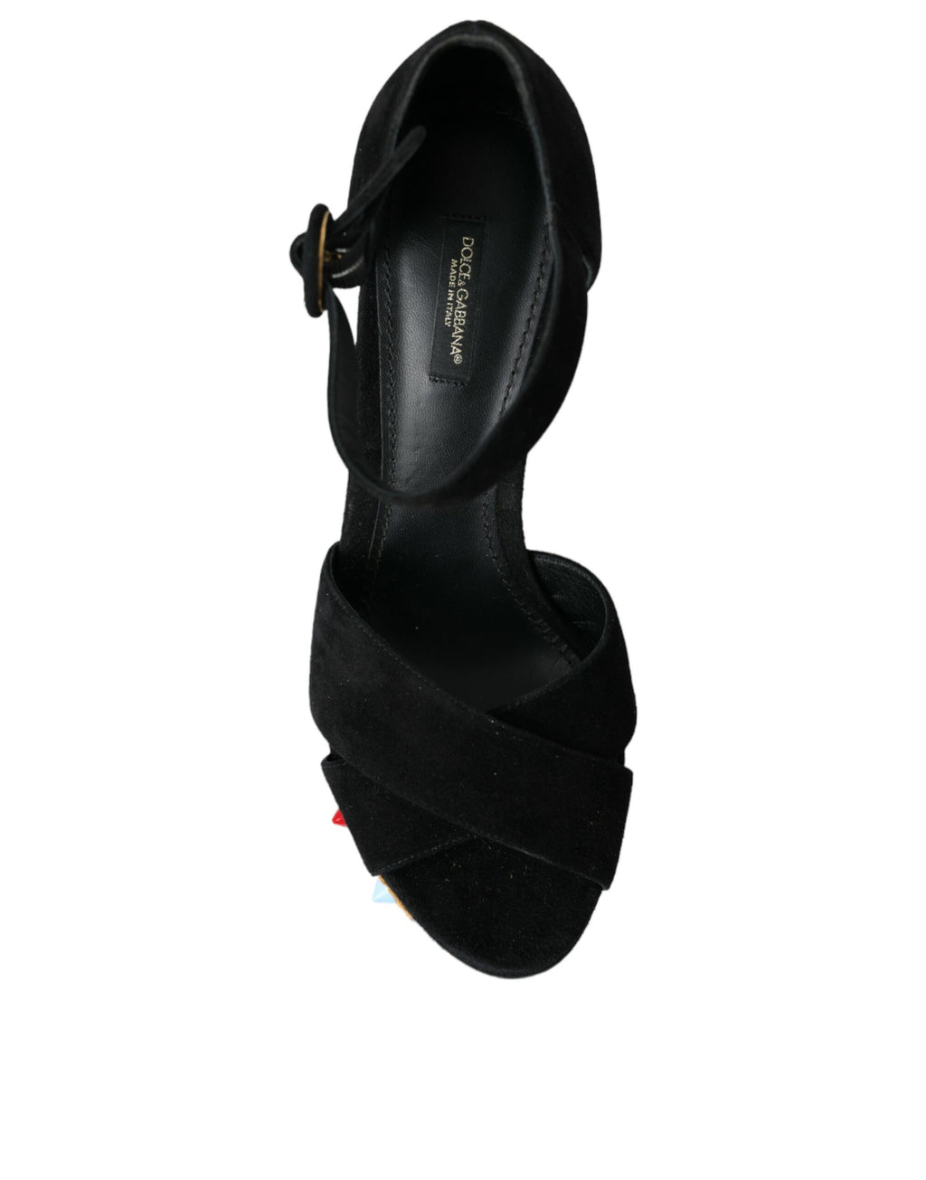 Schwarze Sandalen mit Blumenmuster und Knöchelriemen