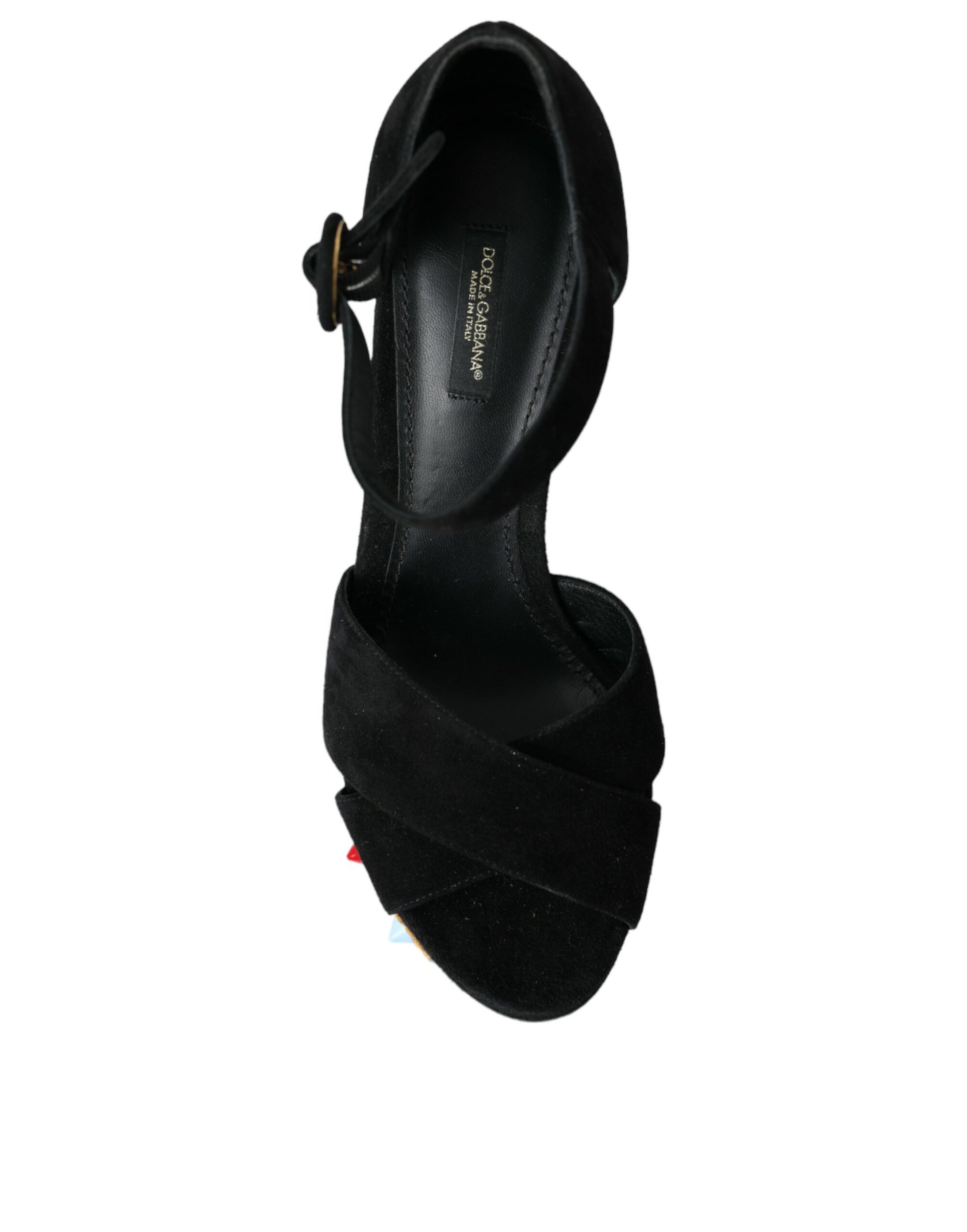 Schwarze Sandalen mit Blumenmuster und Knöchelriemen