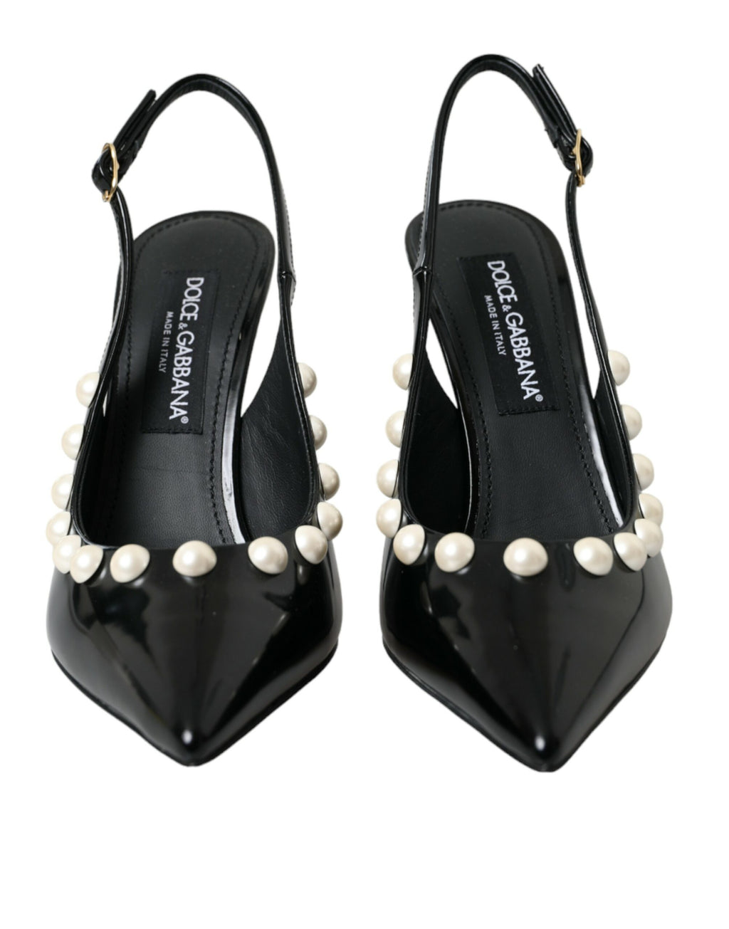 Schwarze Slingback-Schuhe aus Leder mit Kunstperlenabsatz