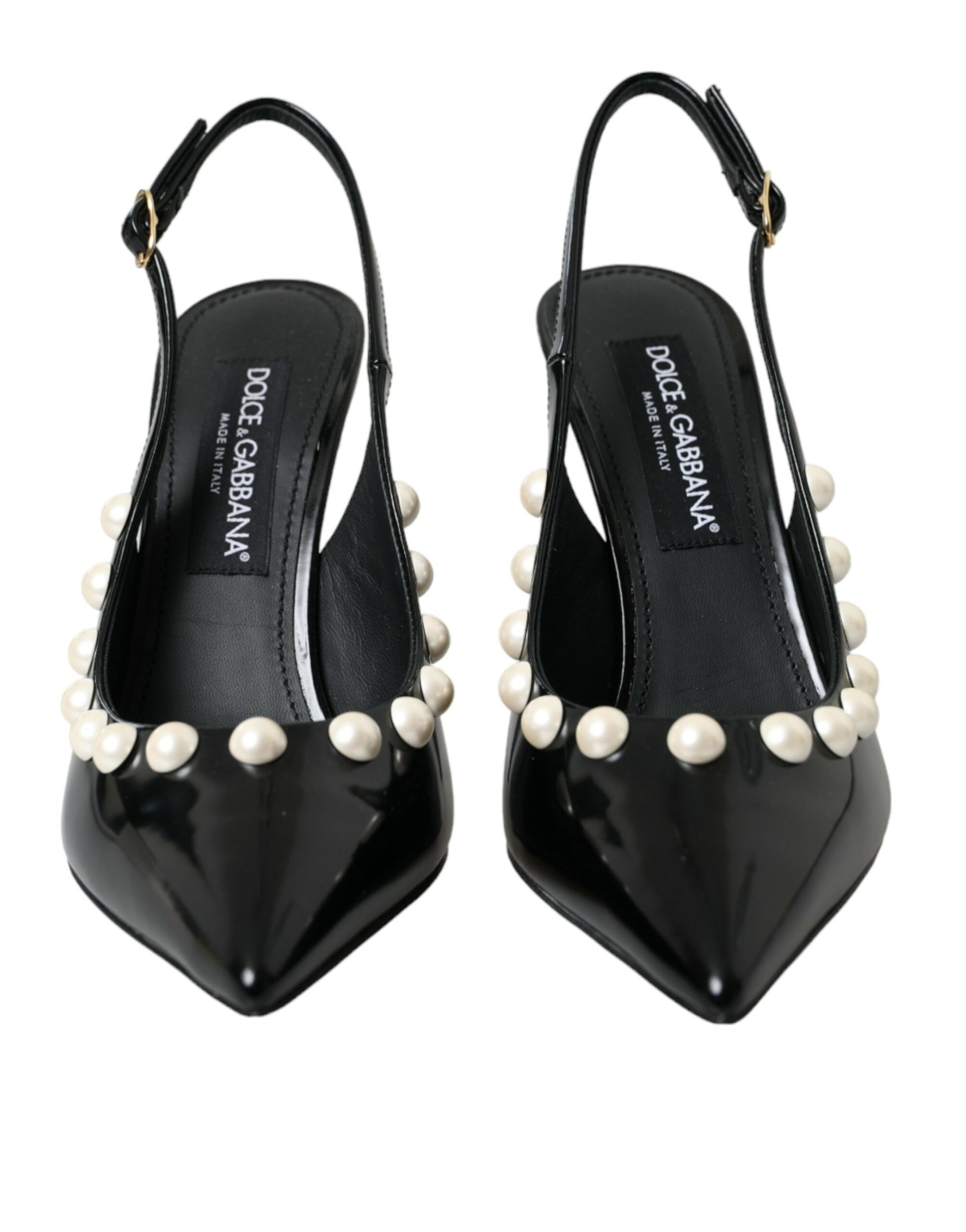 Schwarze Slingback-Schuhe aus Leder mit Kunstperlenabsatz