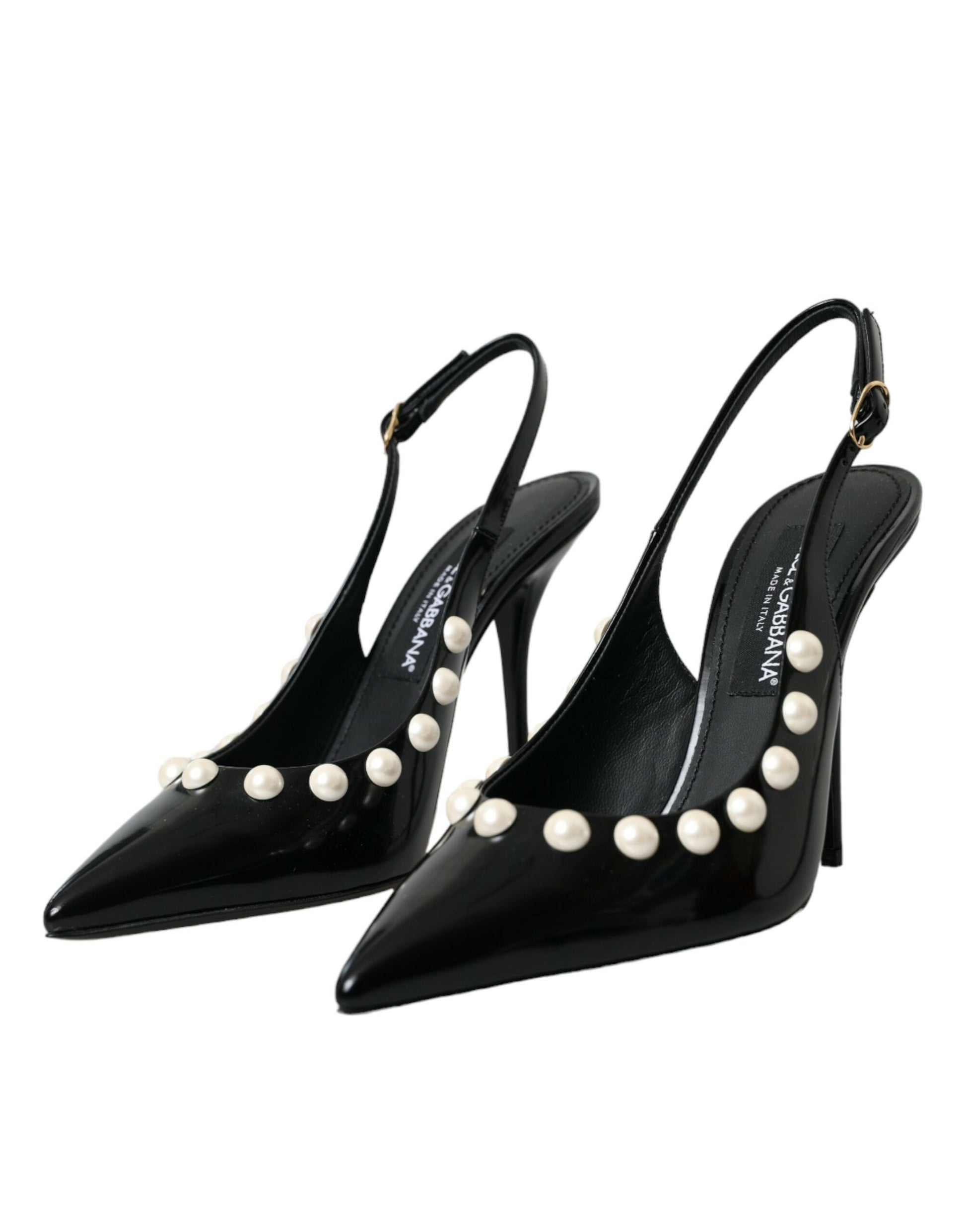 Schwarze Slingback-Schuhe aus Leder mit Kunstperlenabsatz